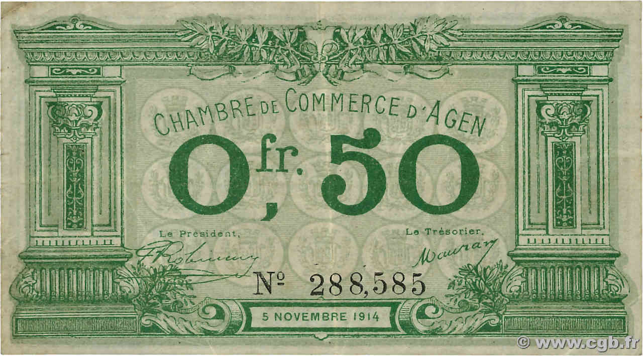 50 Centimes FRANCE regionalism and various Agen 1914 JP.002.01 VF