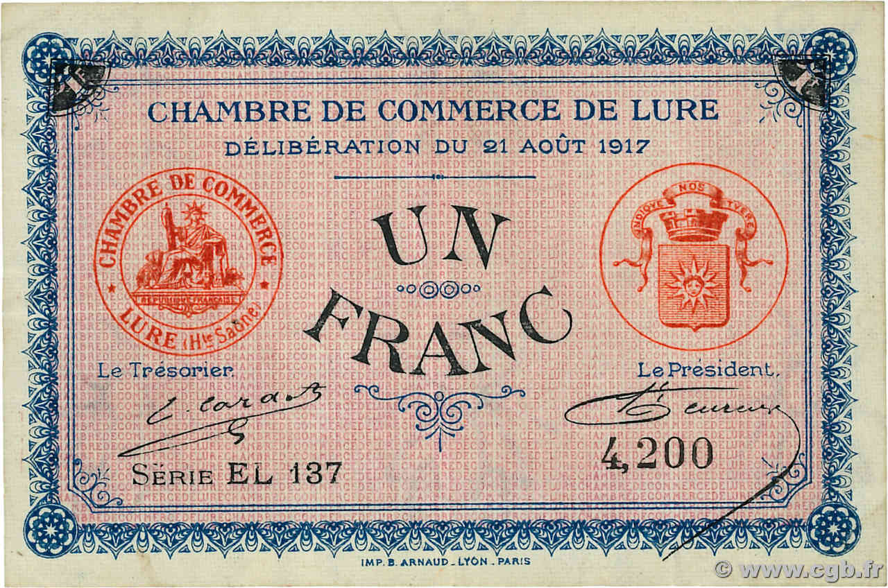 1 Franc FRANCE régionalisme et divers Lure 1917 JP.076.22 TTB