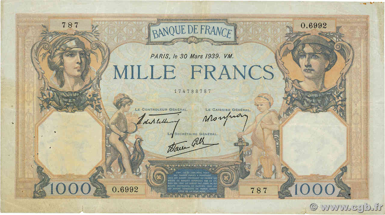 1000 Francs CÉRÈS ET MERCURE type modifié FRANKREICH  1939 F.38.35 S