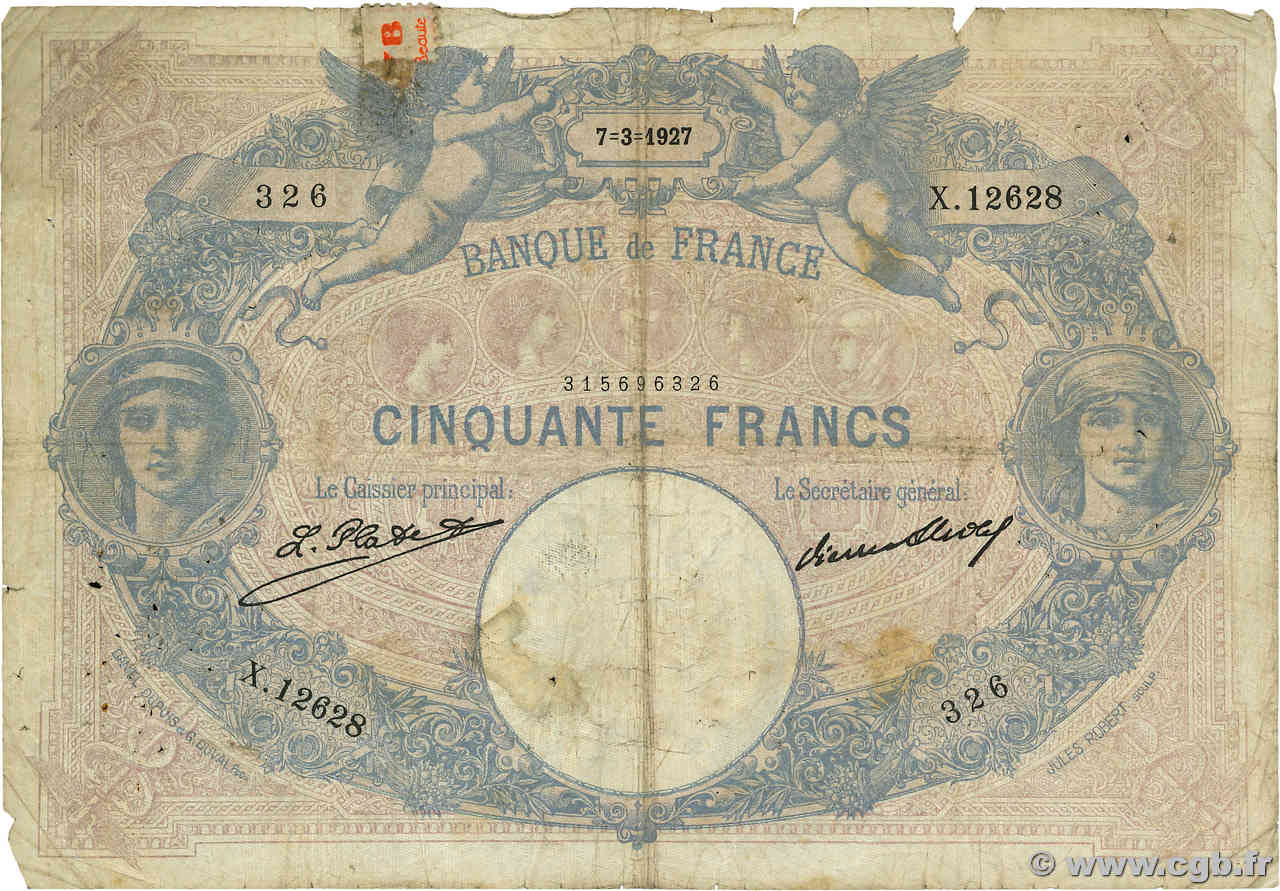 50 Francs BLEU ET ROSE FRANCE  1927 F.14.40 pr.B