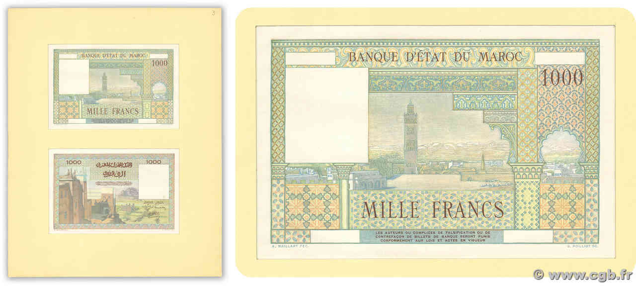 1000 Francs Épreuve MARUECOS  1951 P.47E FDC