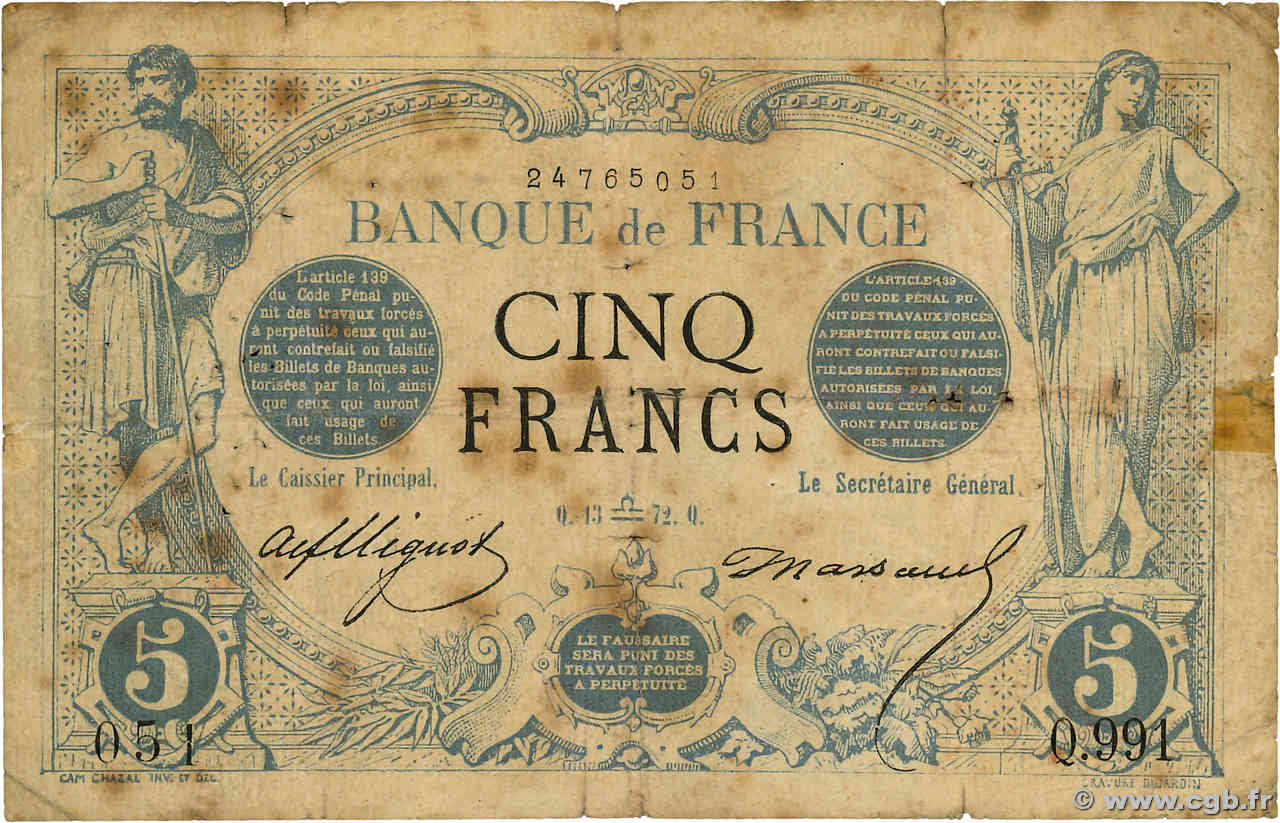 5 Francs NOIR FRANCIA  1872 F.01.10 B