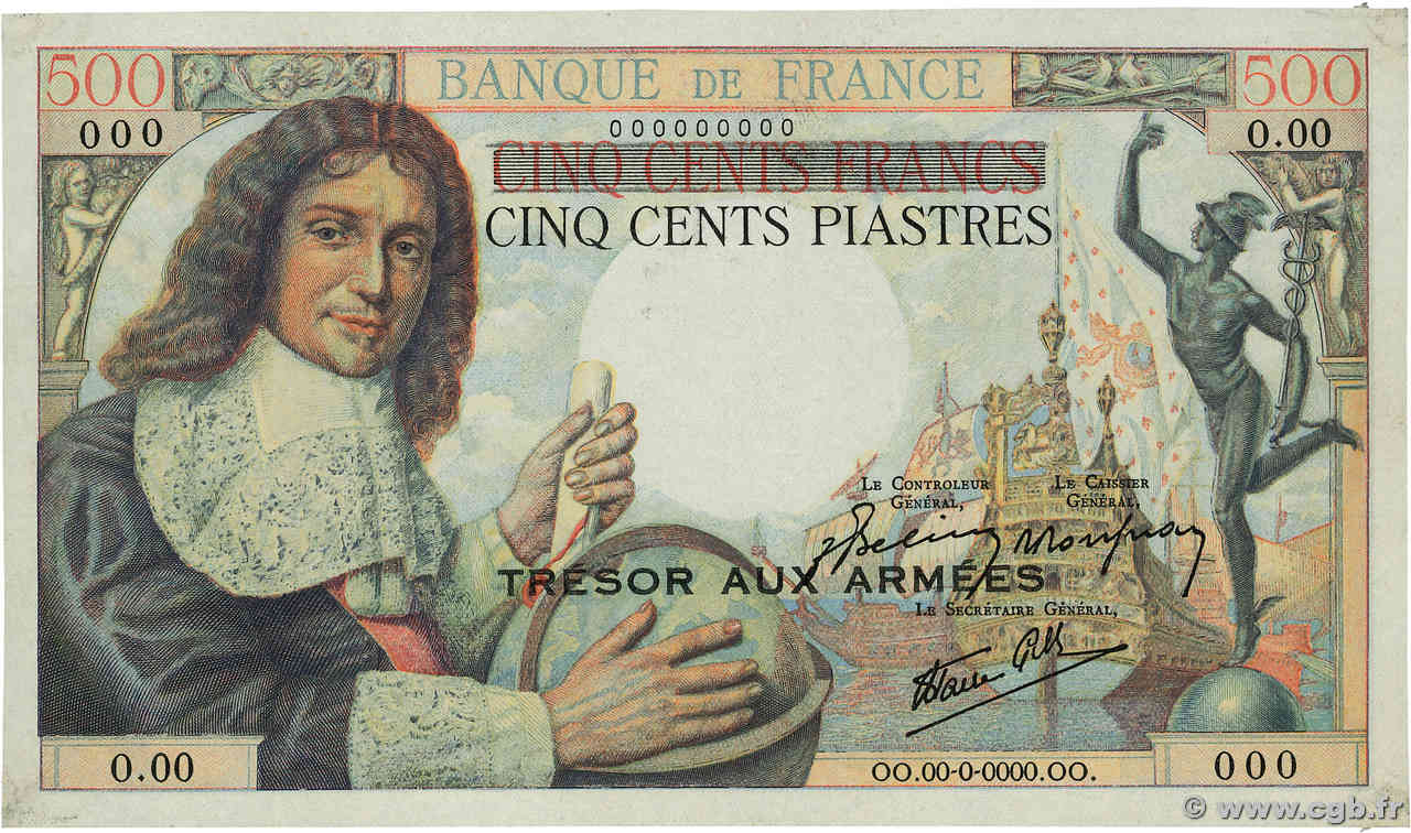 500 Francs / Piastres COLBERT type 1943 Trésor Non émis FRANCIA  1954 NE.1954 AU