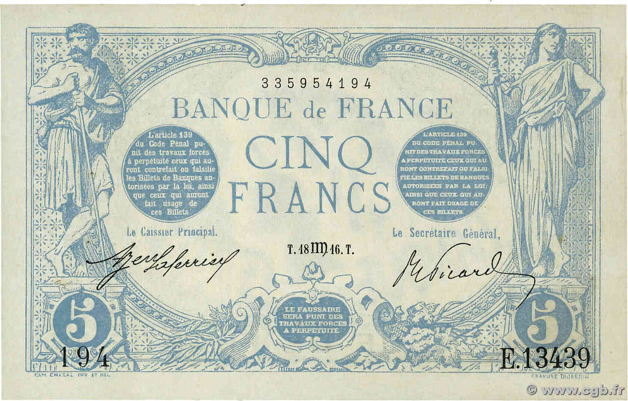 5 Francs BLEU FRANCE  1916 F.02.42 XF