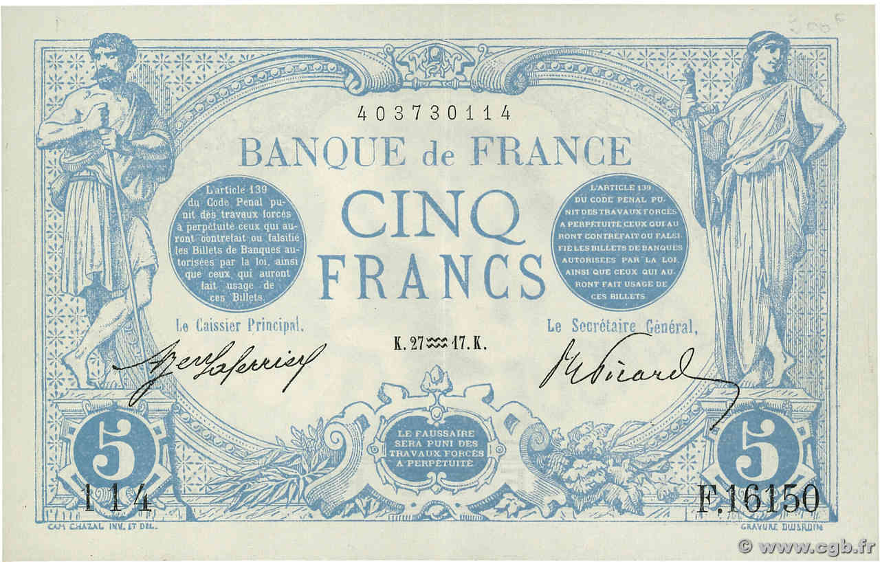 5 Francs BLEU FRANKREICH  1917 F.02.47 VZ