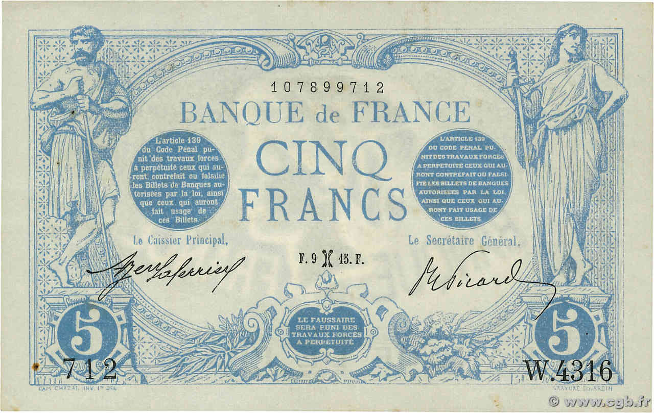 5 Francs BLEU FRANCIA  1915 F.02.24 MBC