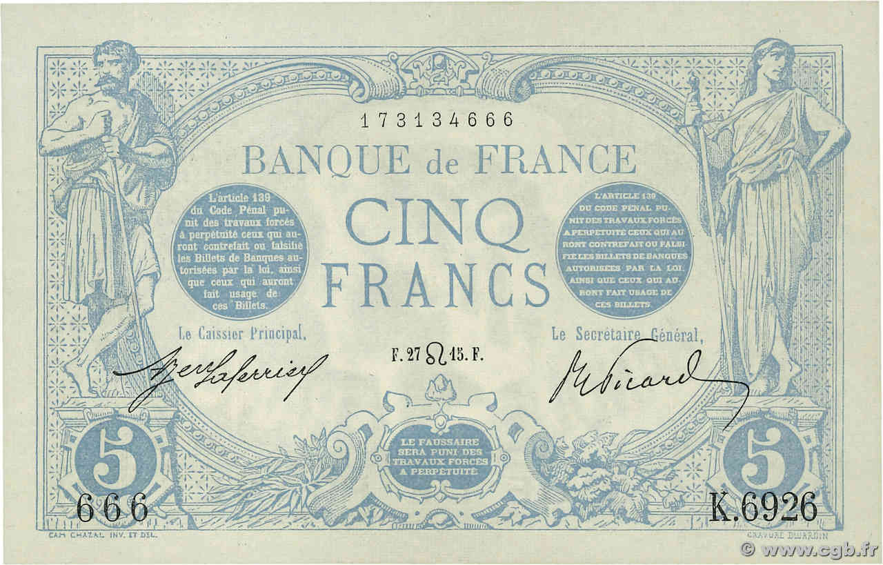 5 Francs BLEU Numéro spécial FRANCE  1915 F.02.29 UNC-