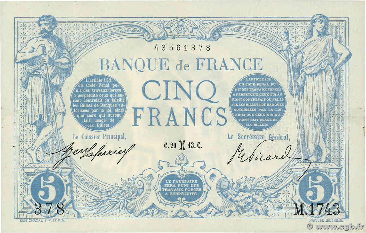 5 Francs BLEU FRANCIA  1913 F.02.14 EBC