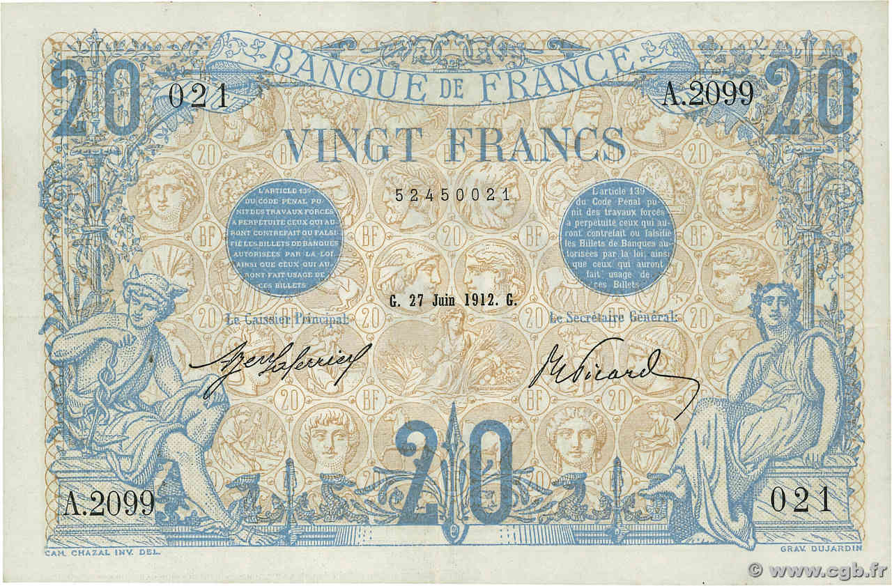 20 Francs BLEU FRANCIA  1912 F.10.02 q.SPL