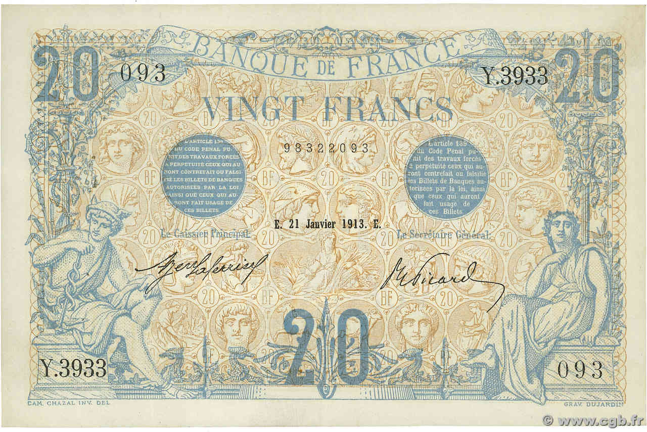 20 Francs BLEU FRANKREICH  1913 F.10.03 VZ