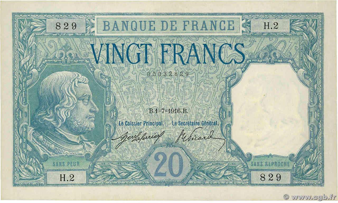 20 Francs BAYARD FRANKREICH  1916 F.11.01 VZ