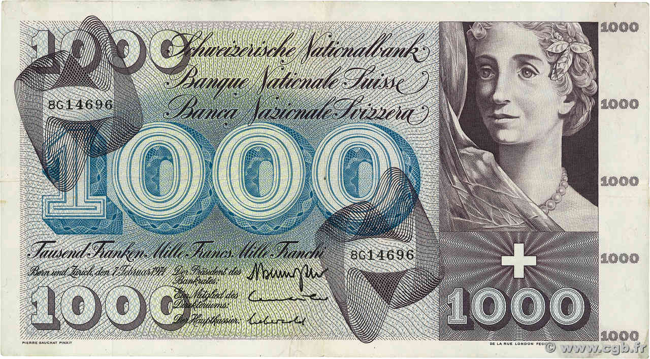 1000 Francs SUISSE  1974 P.52m var sign. TTB