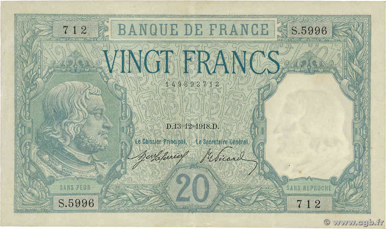 20 Francs BAYARD FRANKREICH  1918 F.11.03a fVZ