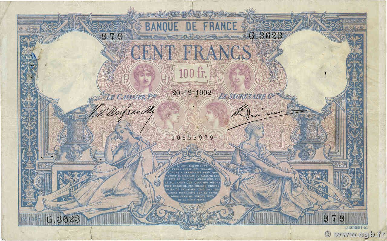 100 Francs BLEU ET ROSE FRANCE  1902 F.21.16 VG