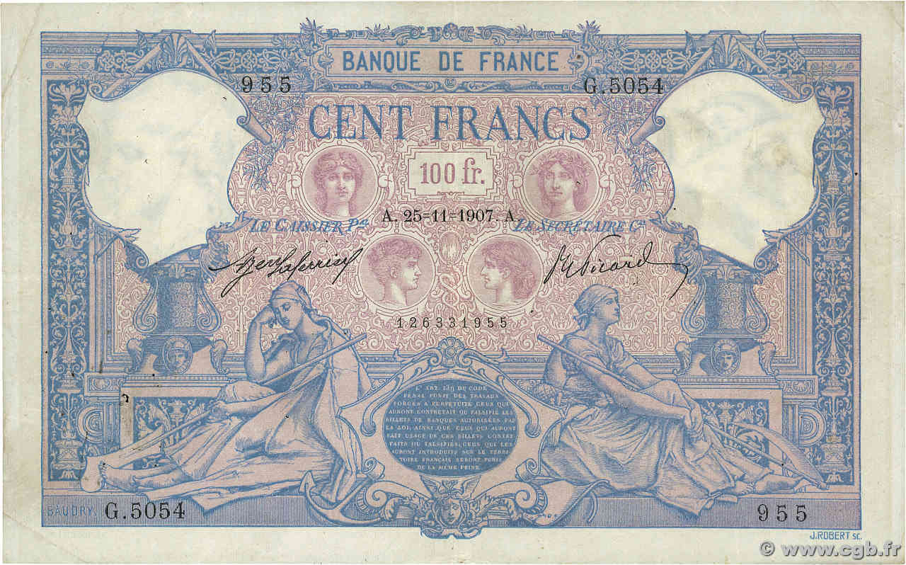 100 Francs BLEU ET ROSE FRANKREICH  1907 F.21.22 SS