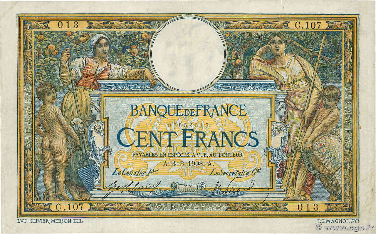 100 Francs LUC OLIVIER MERSON avec LOM FRANCE  1908 F.22.01 VF