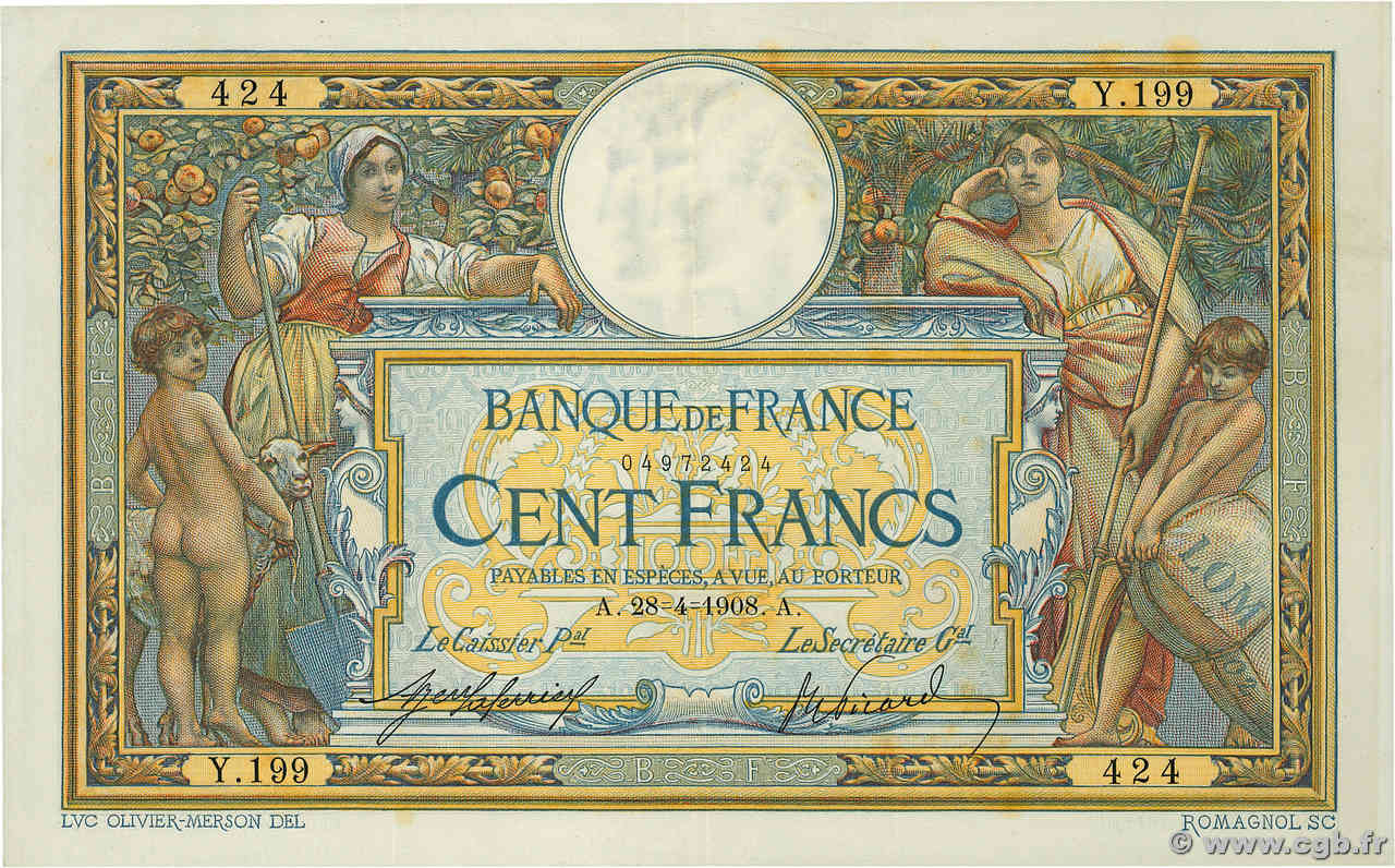 100 Francs LUC OLIVIER MERSON avec LOM FRANCIA  1908 F.22.01 EBC