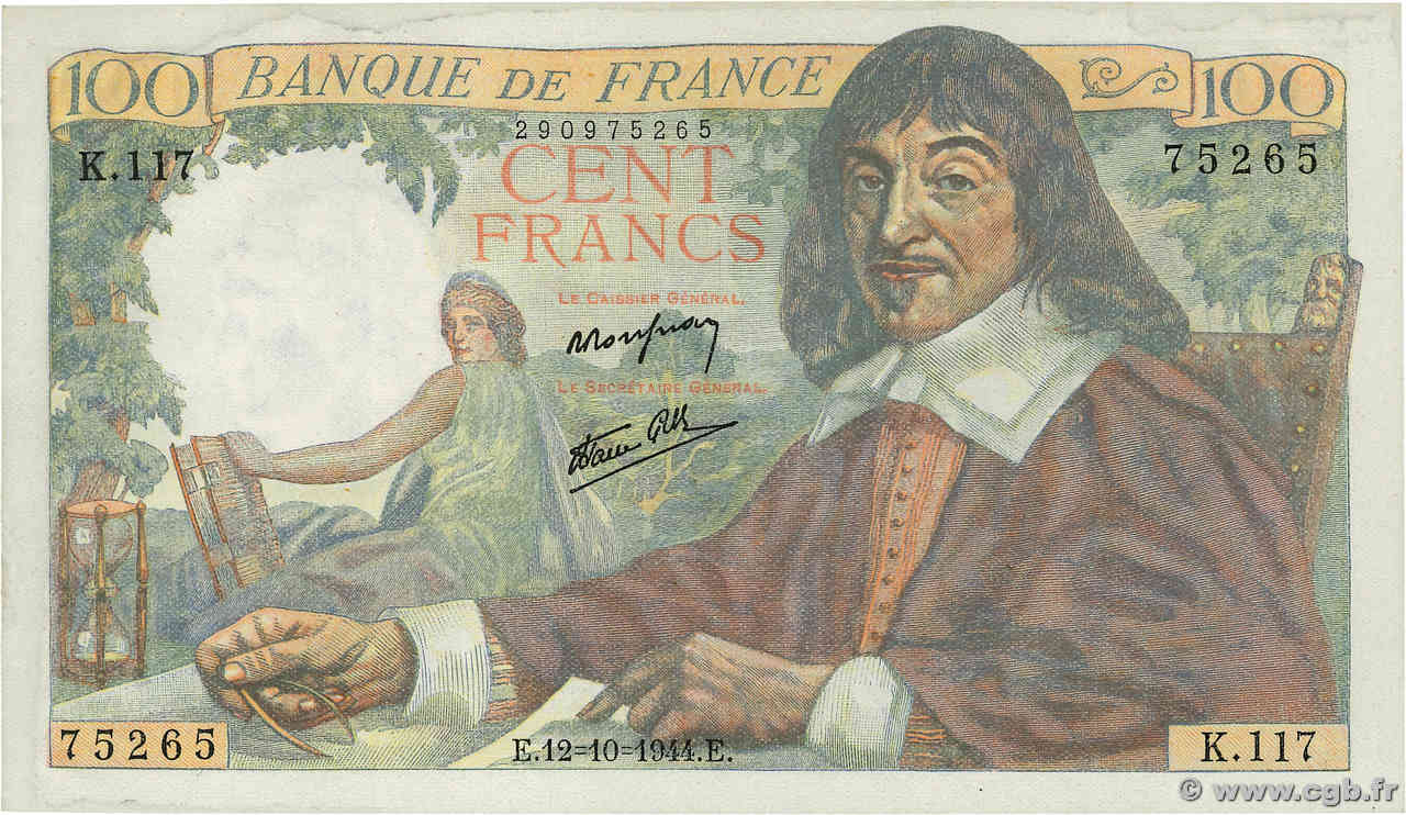 100 Francs DESCARTES FRANCIA  1944 F.27.08 SC+