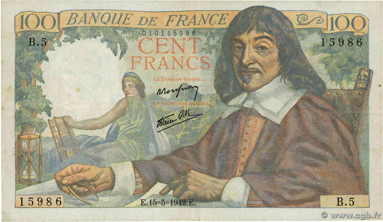 100 Francs DESCARTES FRANCE  1942 F.27.01 F+