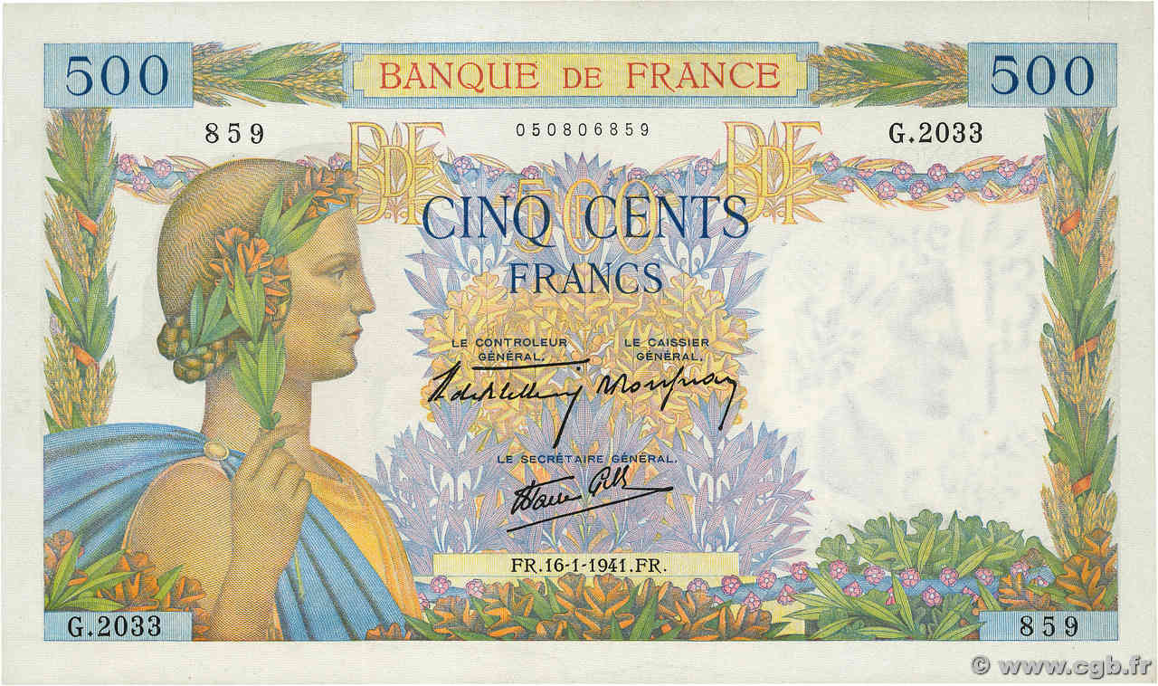 500 Francs LA PAIX FRANCE  1941 F.32.13 UNC-