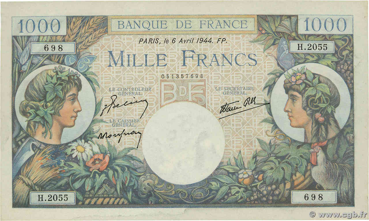 1000 Francs COMMERCE ET INDUSTRIE FRANCIA  1944 F.39.05 AU+