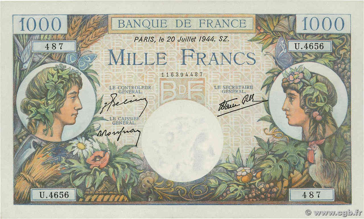 1000 Francs COMMERCE ET INDUSTRIE FRANCIA  1944 F.39.12 FDC