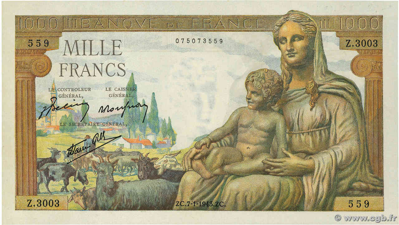 1000 Francs DÉESSE DÉMÉTER FRANKREICH  1943 F.40.15 fST+