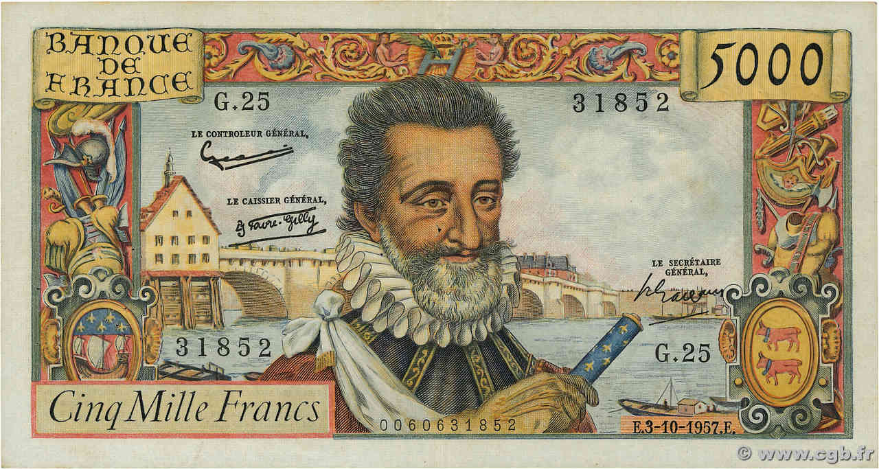 5000 Francs HENRI IV FRANKREICH  1957 F.49.03 fSS