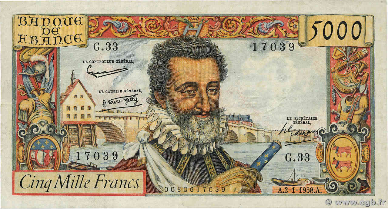 5000 Francs HENRI IV FRANCIA  1958 F.49.05 MB