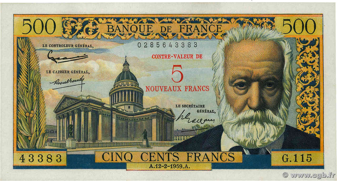 5 NF sur 500 Francs Victor HUGO FRANCE  1959 F.52.02 XF