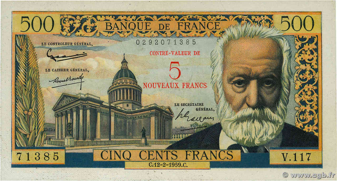 5 NF sur 500 Francs Victor HUGO FRANKREICH  1959 F.52.02 VZ+