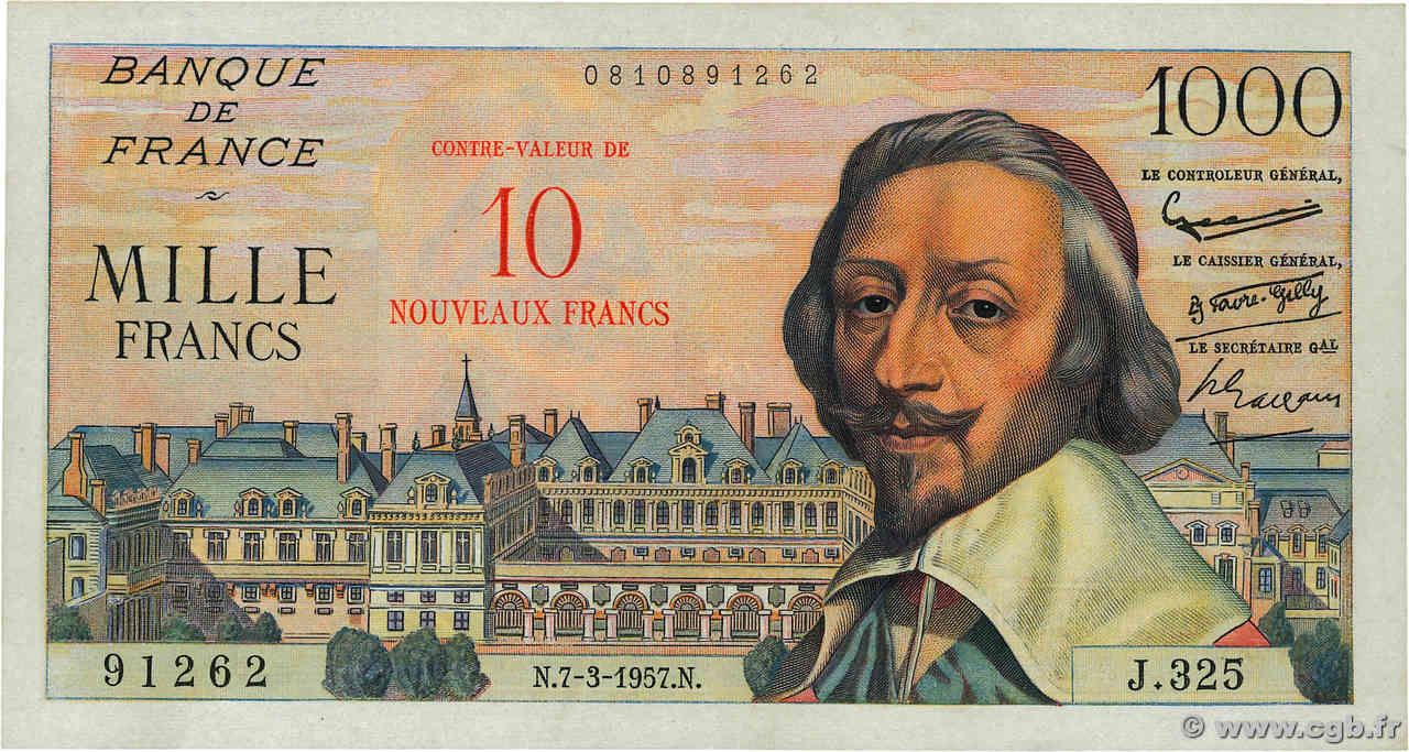 10 NF sur 1000 Francs RICHELIEU FRANCE  1957 F.53.01 XF