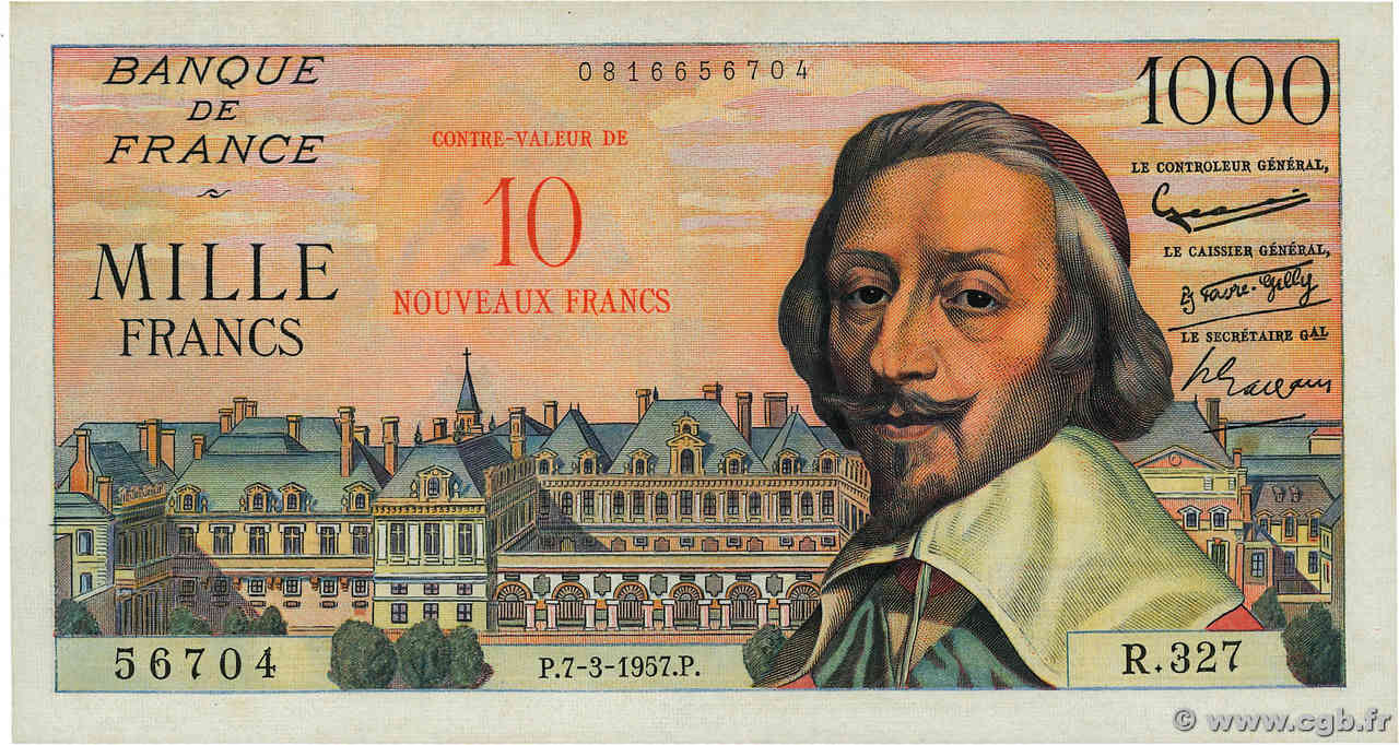 10 NF sur 1000 Francs RICHELIEU FRANCE  1957 F.53.01 XF