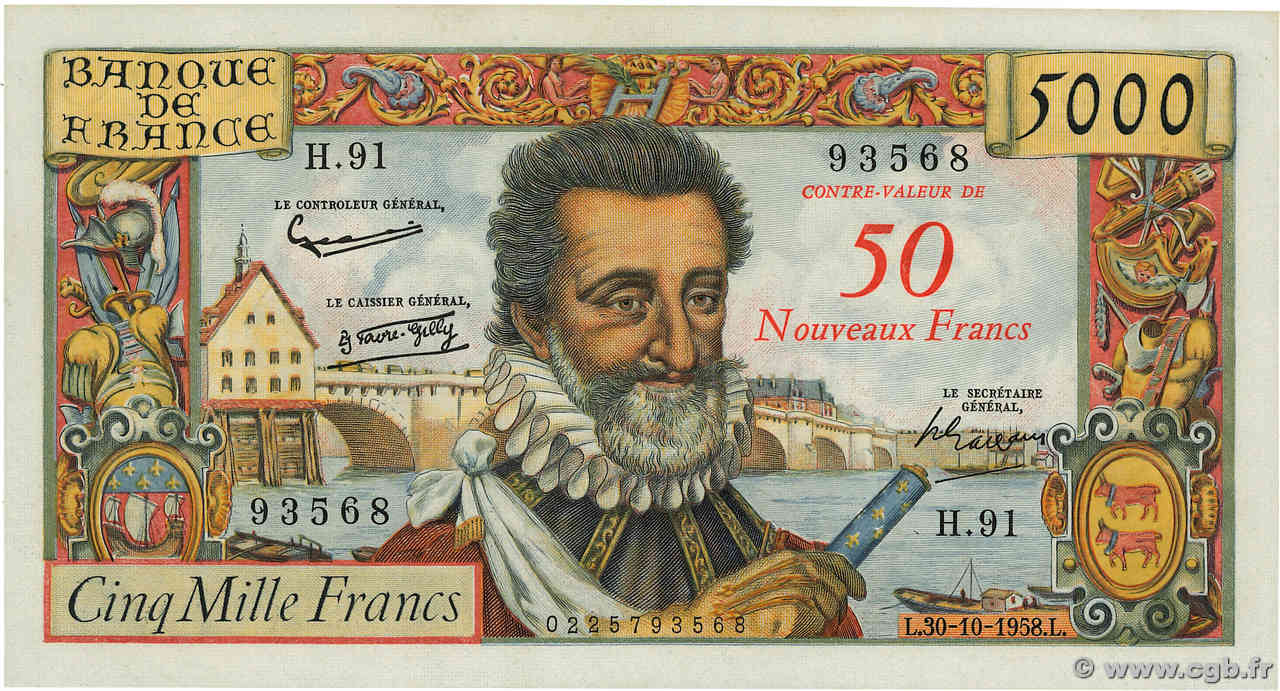 50 NF sur 5000 Francs HENRI IV FRANCIA  1958 F.54.01 SPL+