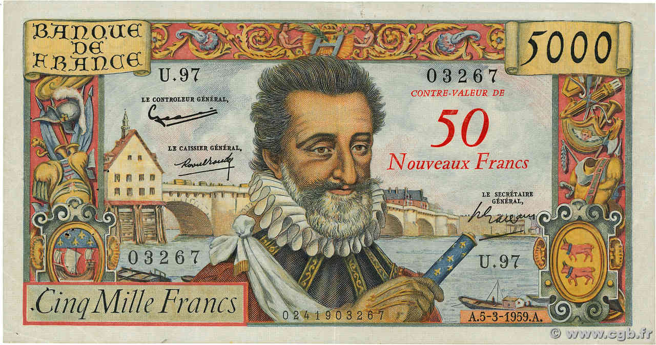 50 NF sur 5000 Francs HENRI IV FRANKREICH  1959 F.54.02 SS