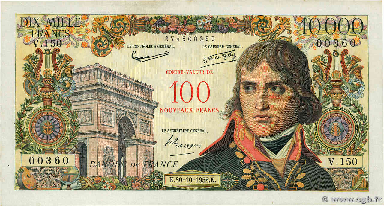 100 NF sur 10000 Francs BONAPARTE FRANCE  1958 F.55.01 XF-