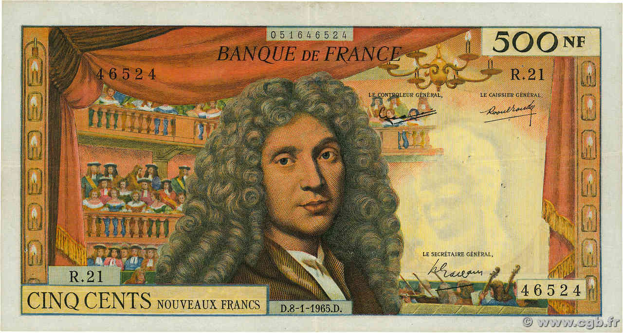 500 Nouveaux Francs MOLIÈRE FRANCE  1965 F.60.08 pr.TTB