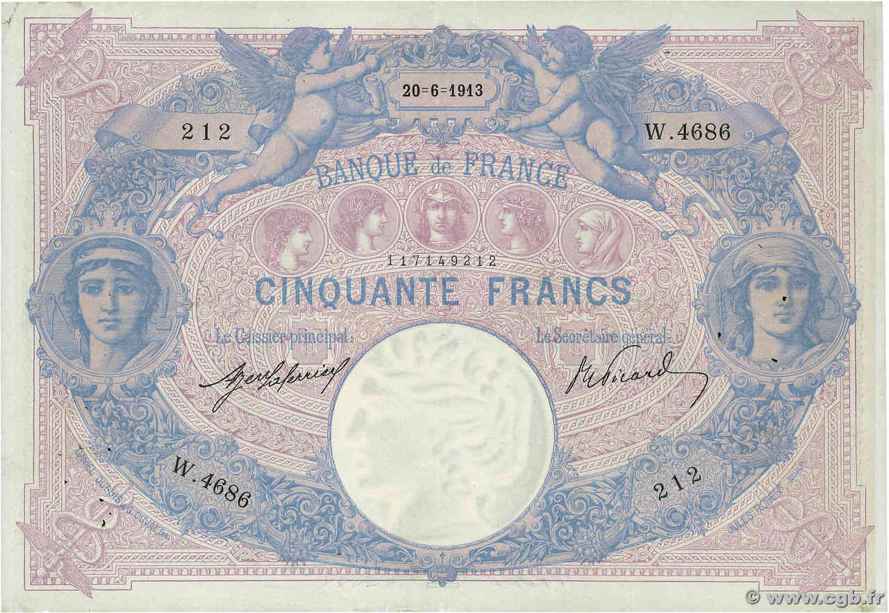 50 Francs BLEU ET ROSE FRANCE  1913 F.14.26 VF