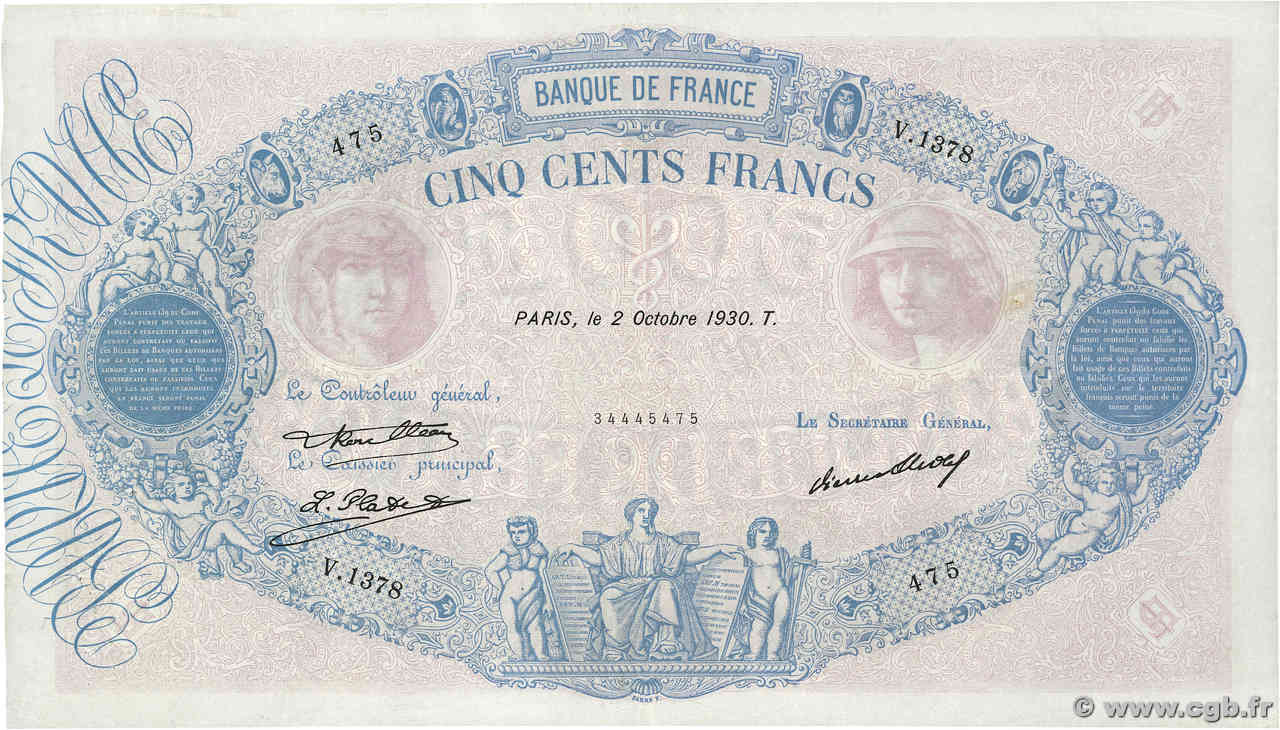 500 Francs BLEU ET ROSE FRANCE  1930 F.30.33 VF