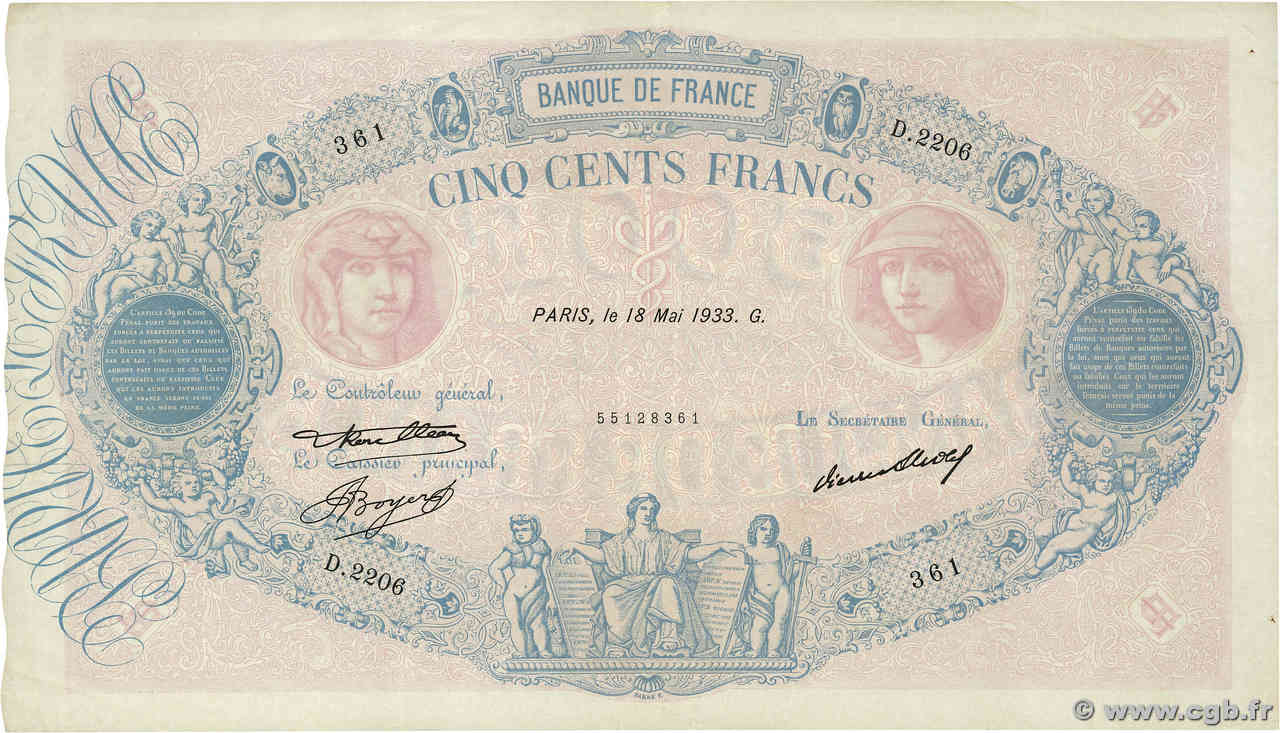 500 Francs BLEU ET ROSE FRANCE  1933 F.30.36 TTB