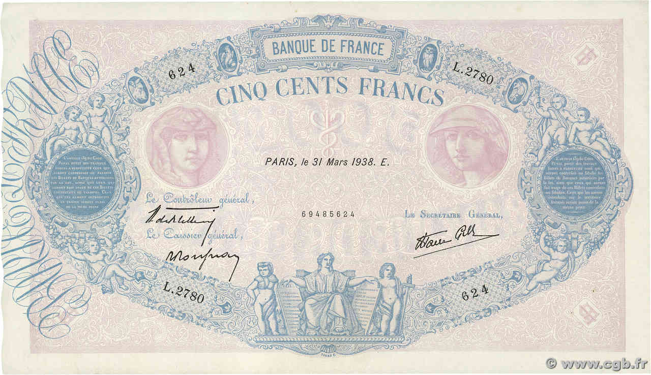 500 Francs BLEU ET ROSE modifié FRANCIA  1938 F.31.07 MBC