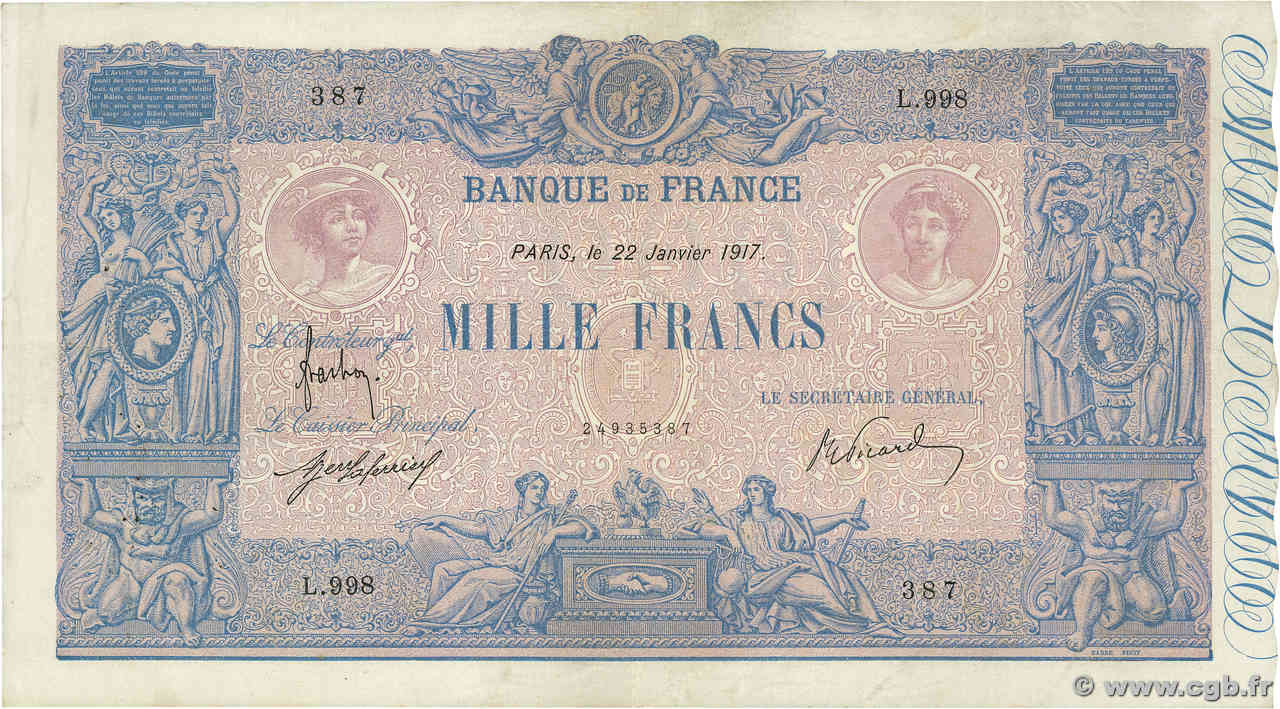 1000 Francs BLEU ET ROSE FRANCE  1917 F.36.31 VF