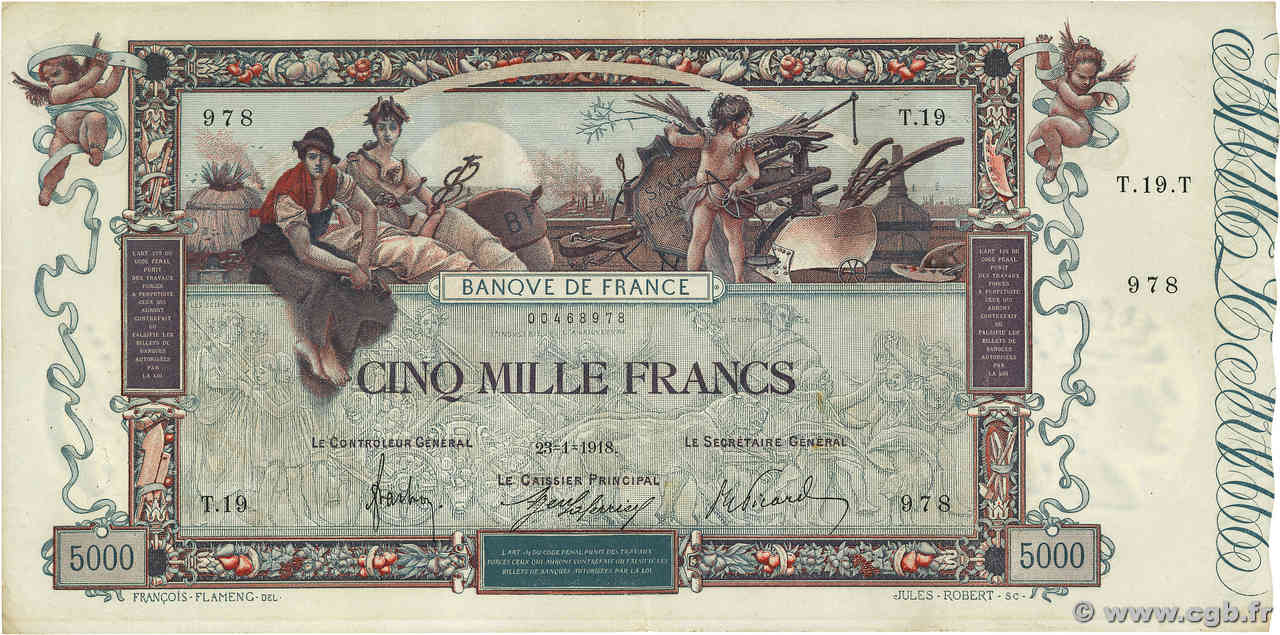 5000 Francs FLAMENG FRANCE  1918 F.43.01 TTB+