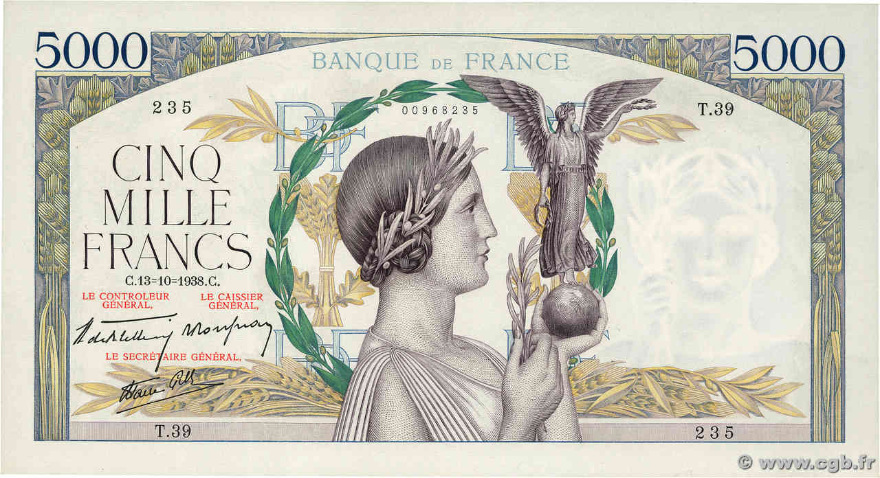 5000 Francs VICTOIRE modifié, taille douce FRANKREICH  1938 F.45.01 SS