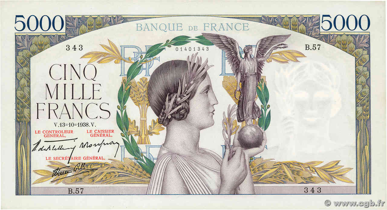 5000 Francs VICTOIRE modifié, taille douce FRANCIA  1938 F.45.01 q.AU