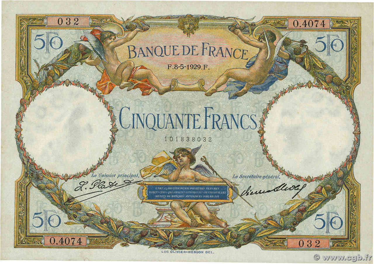 50 Francs LUC OLIVIER MERSON FRANCE  1929 F.15.03 XF