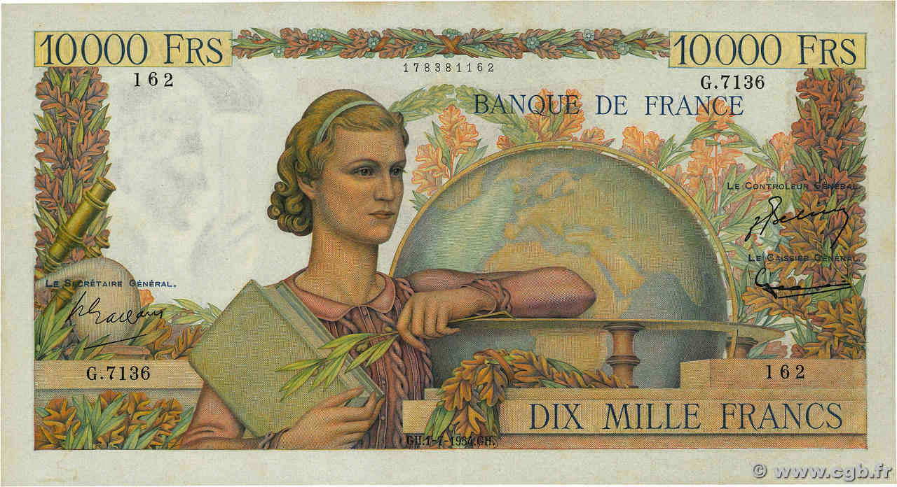 10000 Francs GÉNIE FRANÇAIS FRANCE  1954 F.50.71 pr.SUP