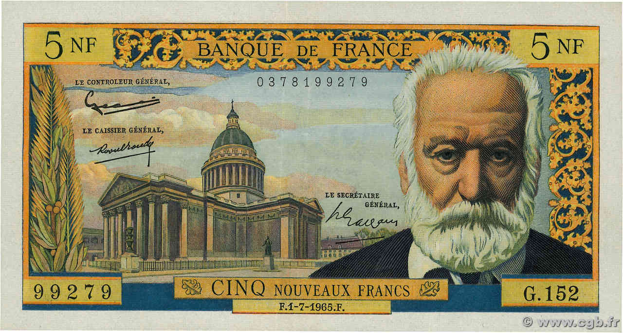 5 Nouveaux Francs VICTOR HUGO FRANKREICH  1965 F.56.19 SS