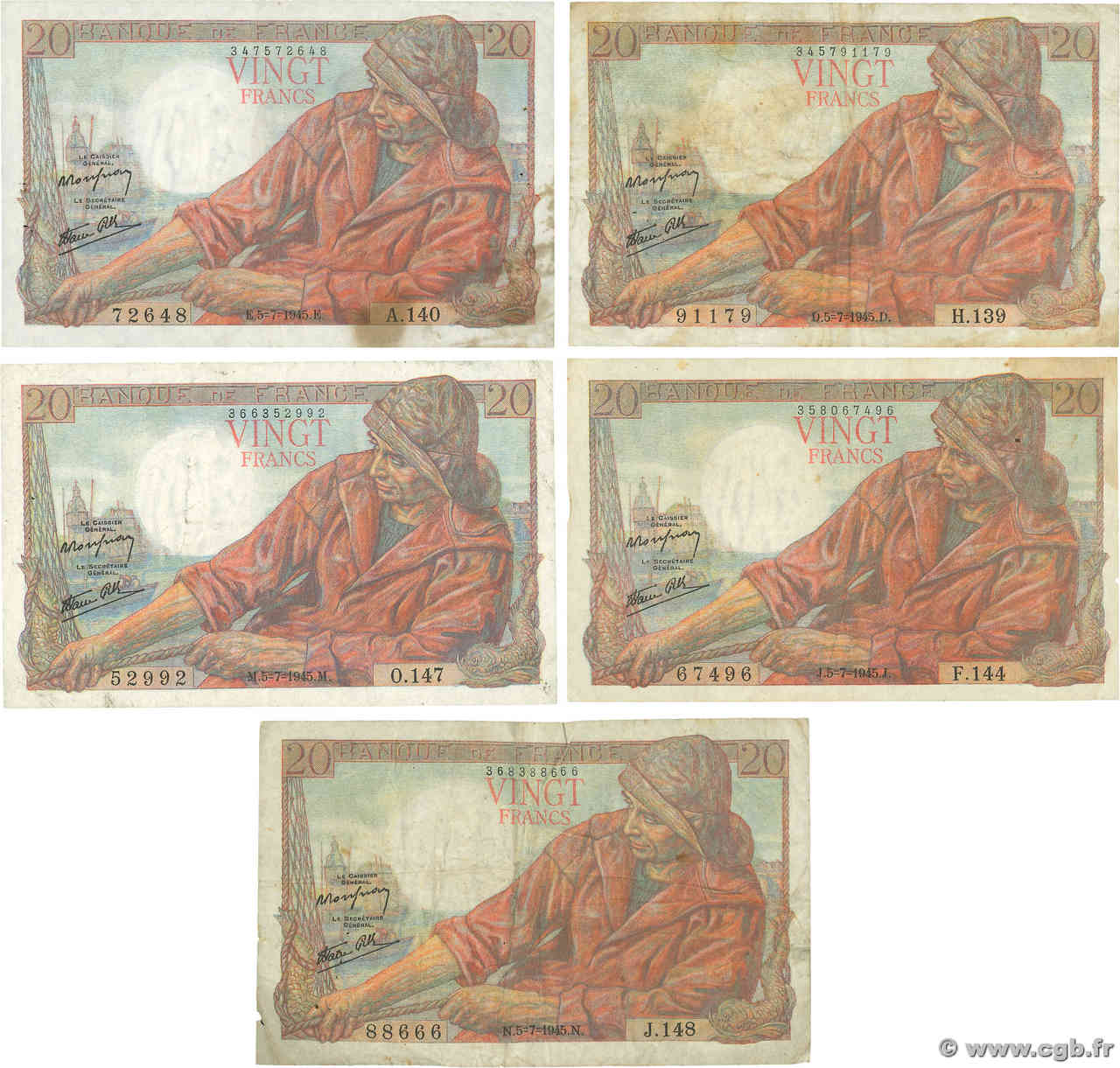 20 Francs PÊCHEUR Lot FRANCE  1945 F.13.10 TB