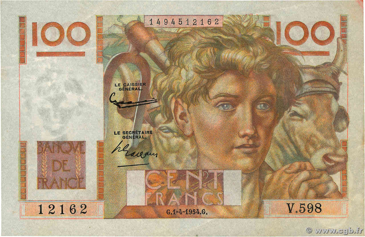 100 Francs JEUNE PAYSAN FRANCIA  1954 F.28.43 MB